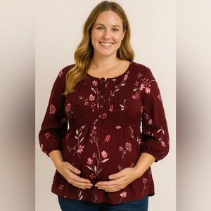 Maternity Floral Burgundy Blouse